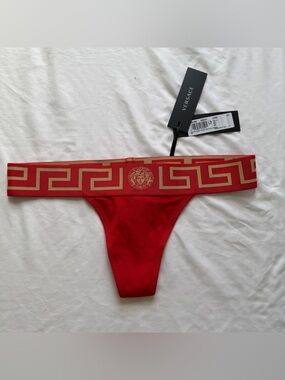 NEW NWT Versace Cotton Jersey Thong Topeka Greca Red sz 2 underwear panty $75